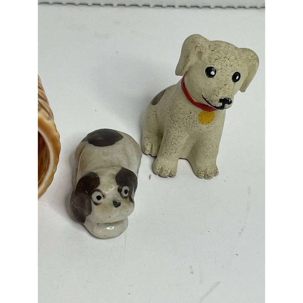 3 Minature Sleepy Hound Dog Puppy Basket Figure 2 Porcelain And 1 Resin Dog Love